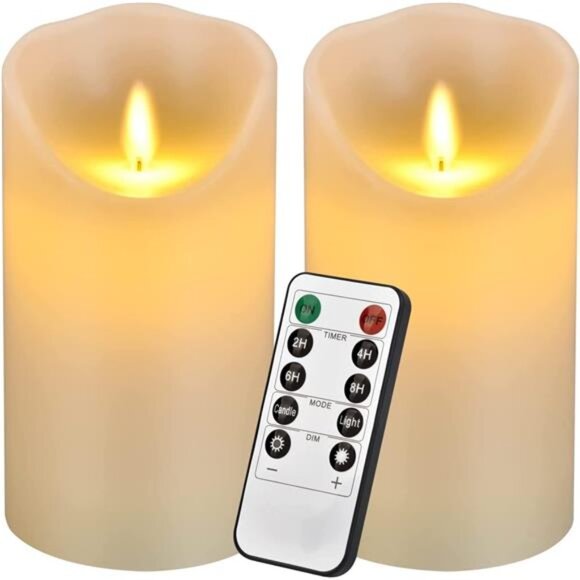New Flameless Candles 6" Set of 2 Ivory Dripless Real Wax Pillars Realistic